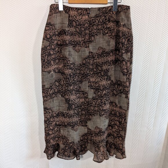 Vintage Brown Midi Skirt Houndstooth & Python Print Chiffon Size 12 Ruffle Hem - Picture 5 of 8